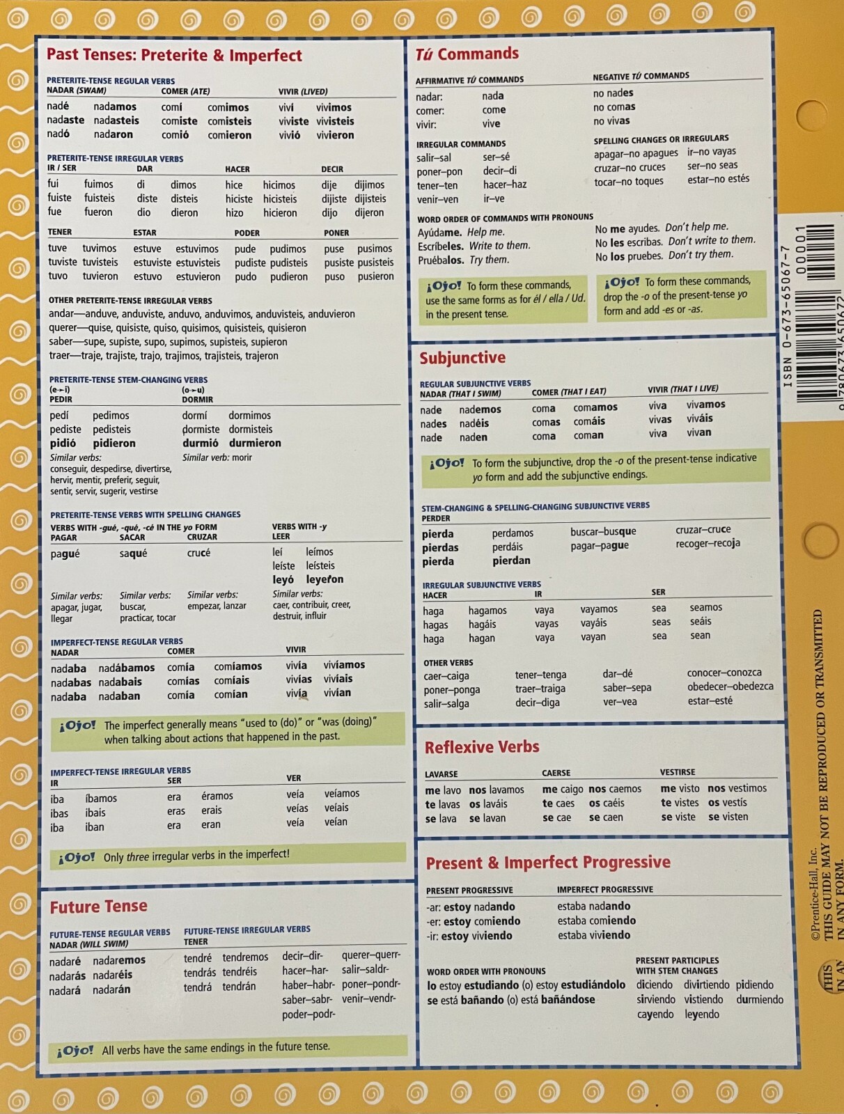 NEW Prentice Hall Spanish Grammar Laminated Study Guide Levels 1 & 2