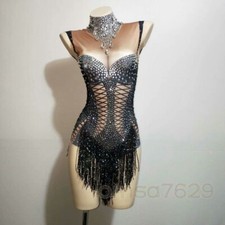 Women Bling Rhinestones Fringes Bodysuit Dance Costume Stage Performance Wear