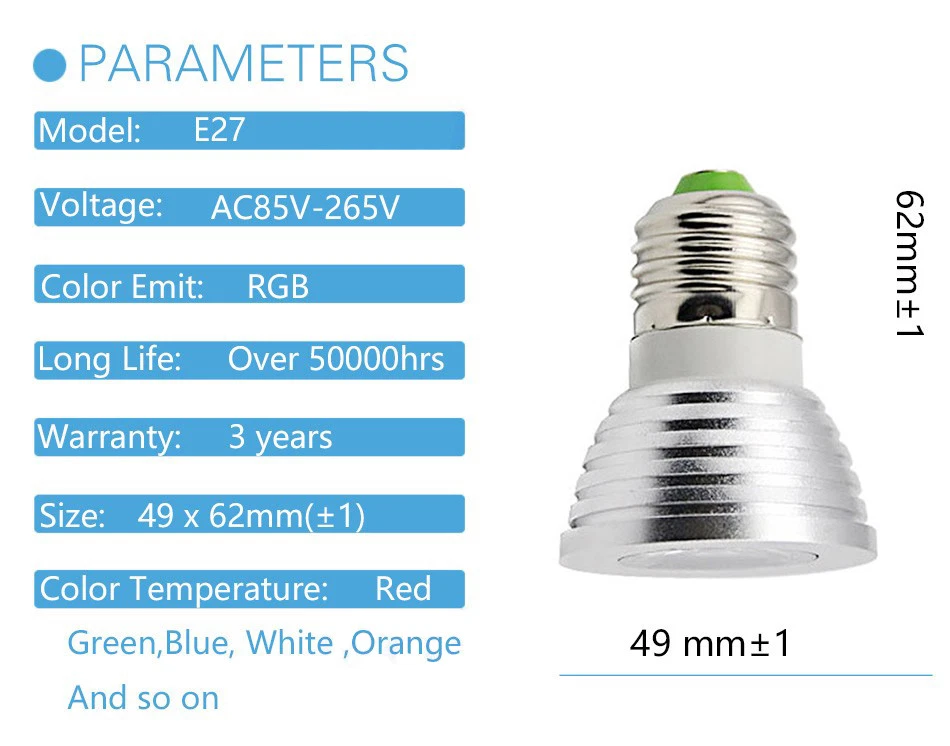 3W LED E27 E14 GU10 MR16 RGB LED Bulb Spotlight lamp downlight - Image 3 of 4