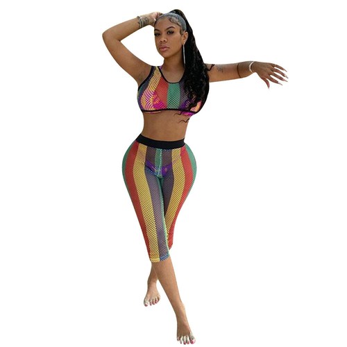 Sleeveless Rainbow Stripe Pants Set 