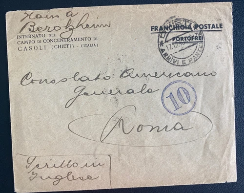 1940 Casoli Italy Concentration Camp Censored Stampless Cover to Rome