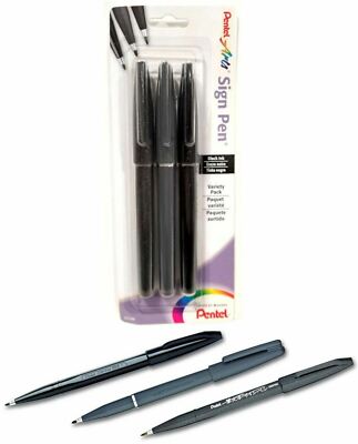 NEW Pentel Arts BLACK Sign Pens ASSORTED Styles 3-Pack STSBP3A Fiber & Brush Tip