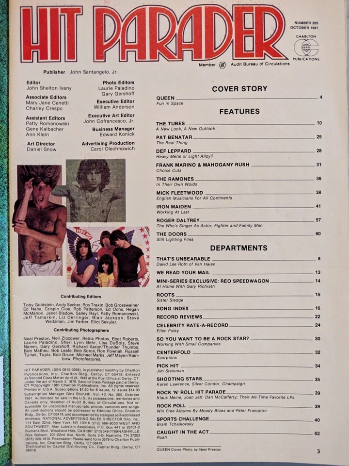 Hit Parader Magazine October 1981 Queen, Def Leppard, Doors, Pat Benatar, Rush - Image 2 of 4