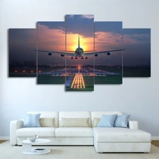 Airplane Landing Picture Sunset Lights 5 Panel Canvas Print Wall Home Poster