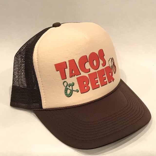Vintage Style Tacos & Beer Trucker Hat Taco Tuesday Heart Brown Mesh