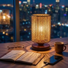 Small Rattan Table Lamp for Bedroom, Boho Bedside Lamp with Warm LED Bulb, Ha...