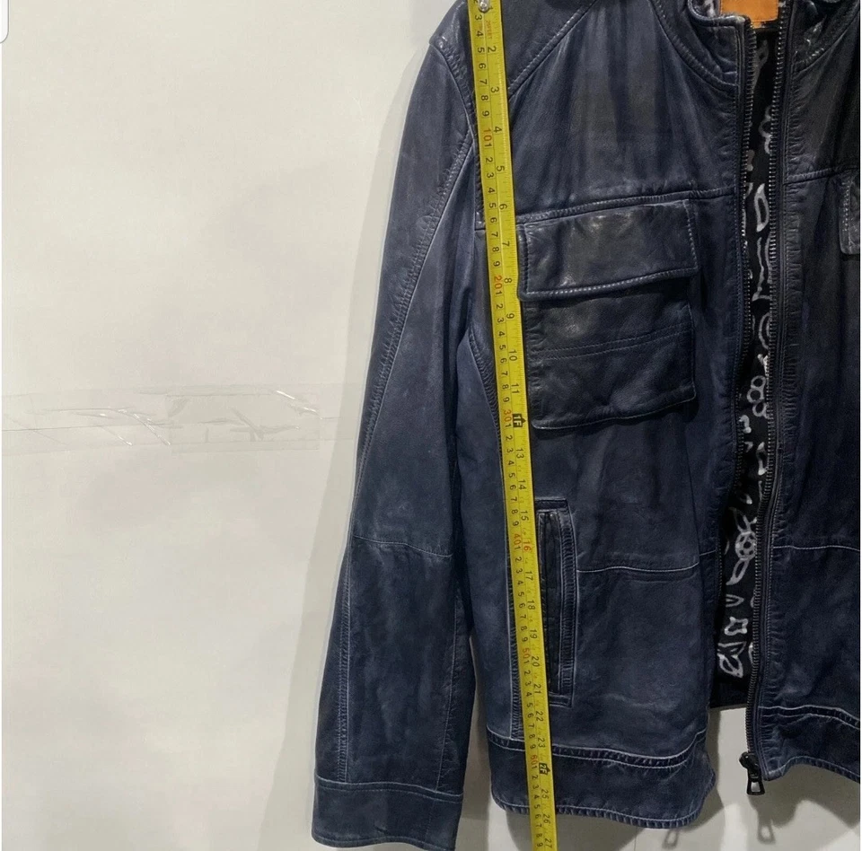 Vintage Hugo Boss Orange 42R Mens Leather Midnight Blue Biker Jacket Rare Coat - Image 4 of 4