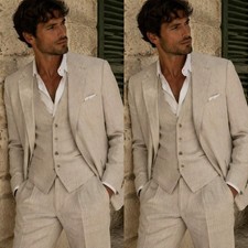 Beige Linen Men's Suits Formal Suit Wedding Groom Summer Men Blazers 3 Pcs