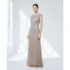 NWT JS Collections Formal A-Line Embroidered Sheer Evening Maxi Gown Tan Women 2