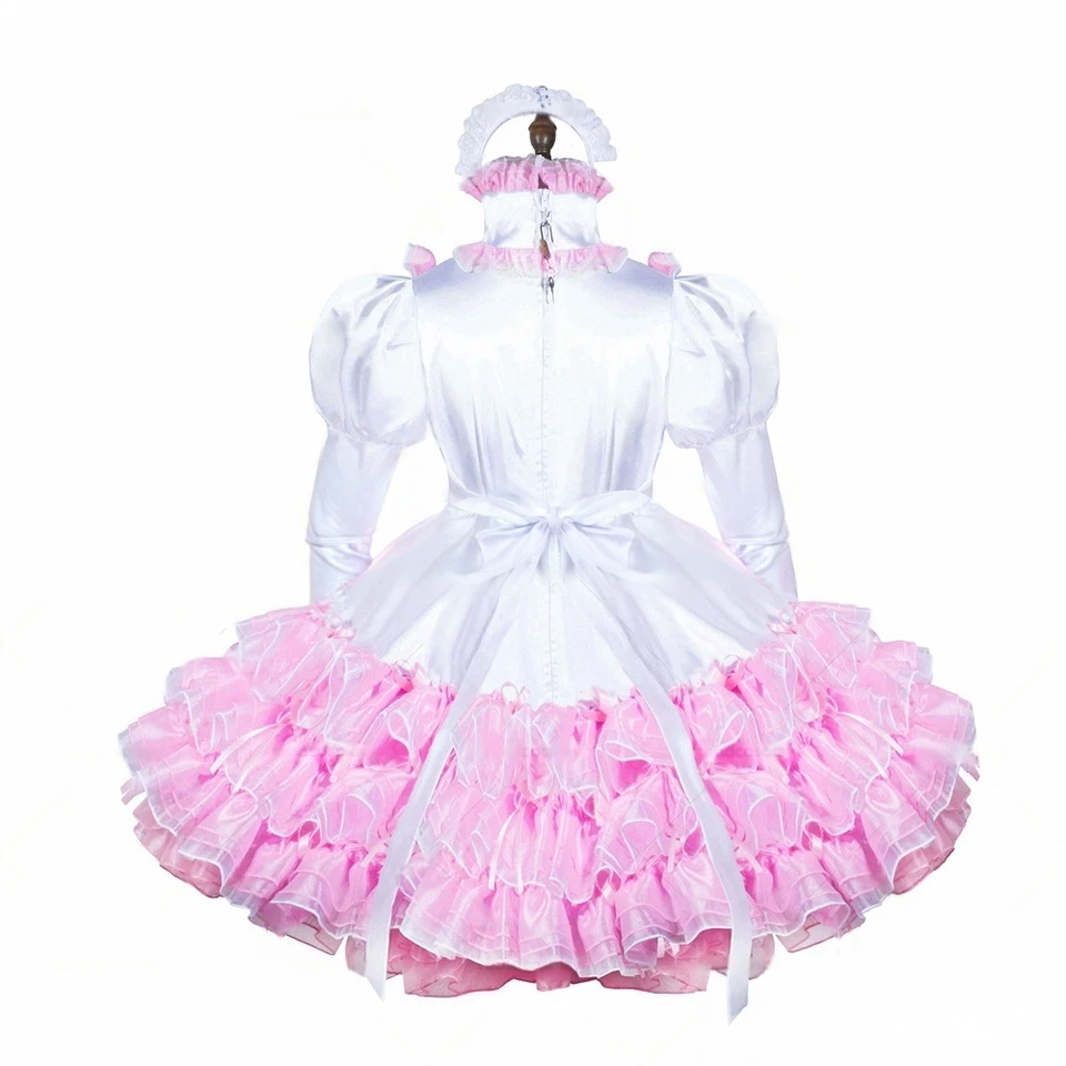 Niña Sissy Maid Manga Larga Blanco Satinado Bloqueable Vestido Juegos con disfraces Disfraces a medida Foto 3 de 4