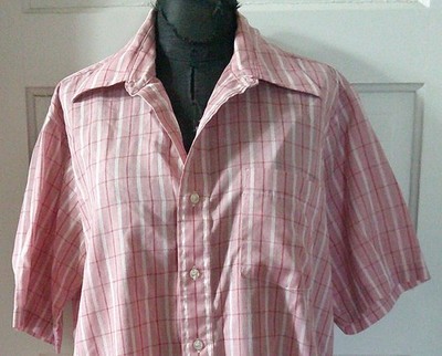 70's ARROW KENT Red Plaid Button Up Men's SS Shirt Top Blouse 16