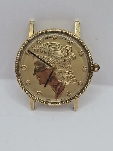 Vintage 33mm Jean MARC GOLD PLATED Liberty Coin Watch For Repairs