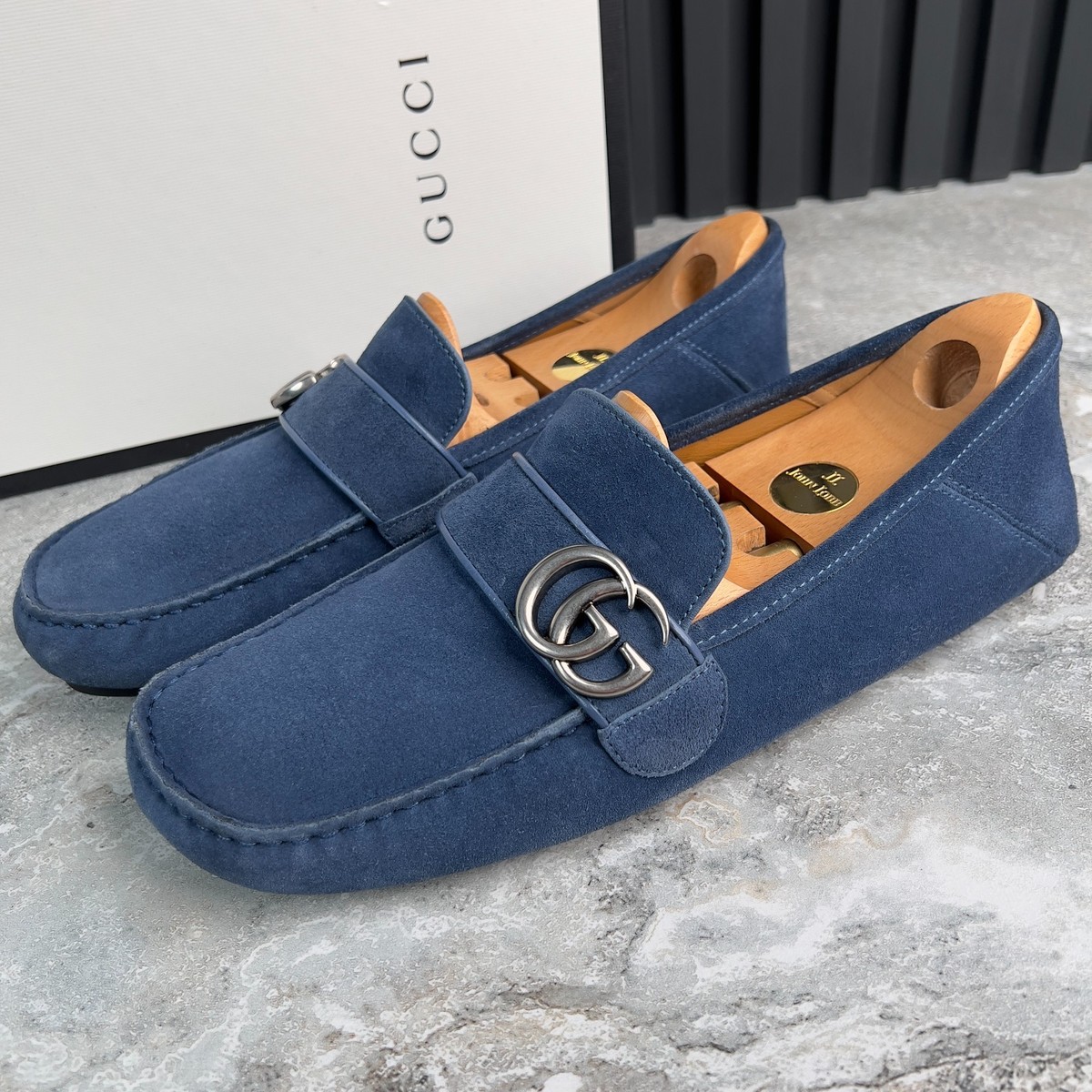 Gucci Marmont Double G Logo Driving Moccasin Blue Suede 8 G or 8.5