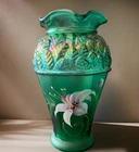 Fenton Emerald Art Glass Vase  Carnival Glass Hand painted Purple Lillys signed