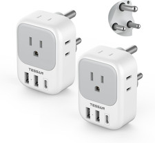South Africa Plug Adapter 2 Pack, Type M Power Adapter with 4 AC Outlets 3 USB