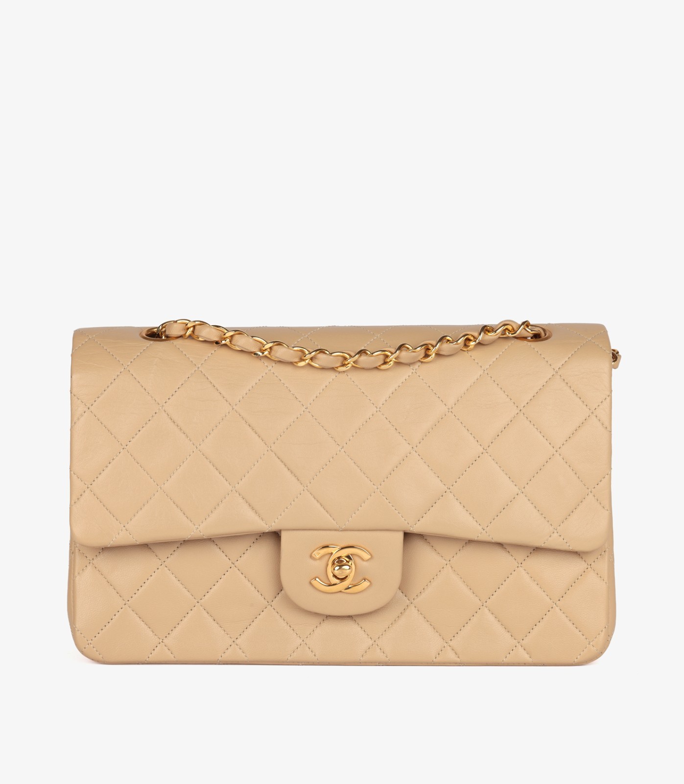 Chanel Beige Quilted Lambskin Leather Vintage Medium Classic Double Flap Bag