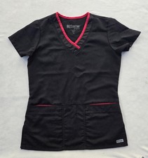 Greys Anatomy Scrub Top Womens XS Black Red Trim V Neck Medical Nursing
