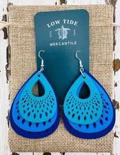 Shades of Blue  Teal Laser Cut Wood Teardrop Earrings
