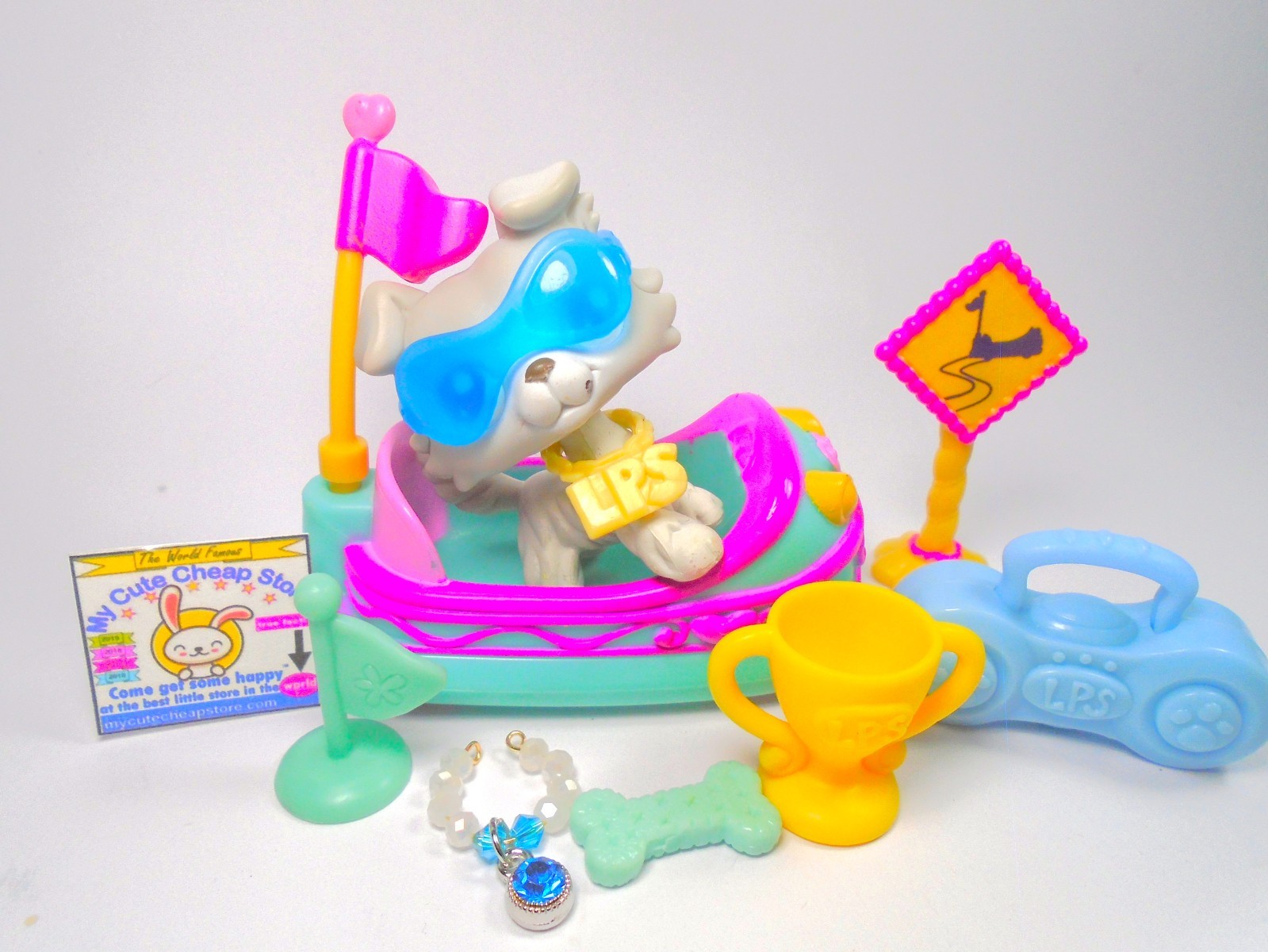 Littlest Pet Shop raro cane collie bianco grigio #363 con accessori autentico
