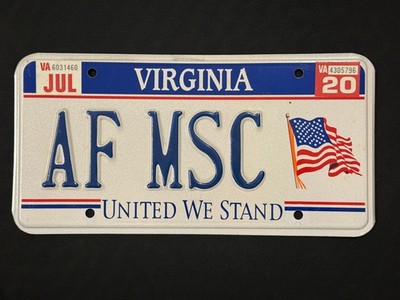 2020 Virginia License Plate AF MSC .... UNITED WE STAND & AMERICAN FLAG