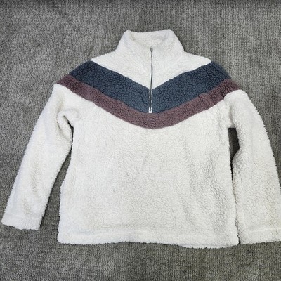 Hem & Thread Jacket Ivory Sherpa Long Sleeve 1/4 Zip Pockets Women s Size Large 