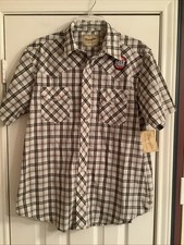 Wrangler Wrancher Easy Care Shirt Men Premium Snap Button Brown Plaid Snap Large