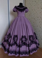 Vintage Victorian Lilac Ball Gown Black Lace Floral Ruffle O-Neck Party Dress