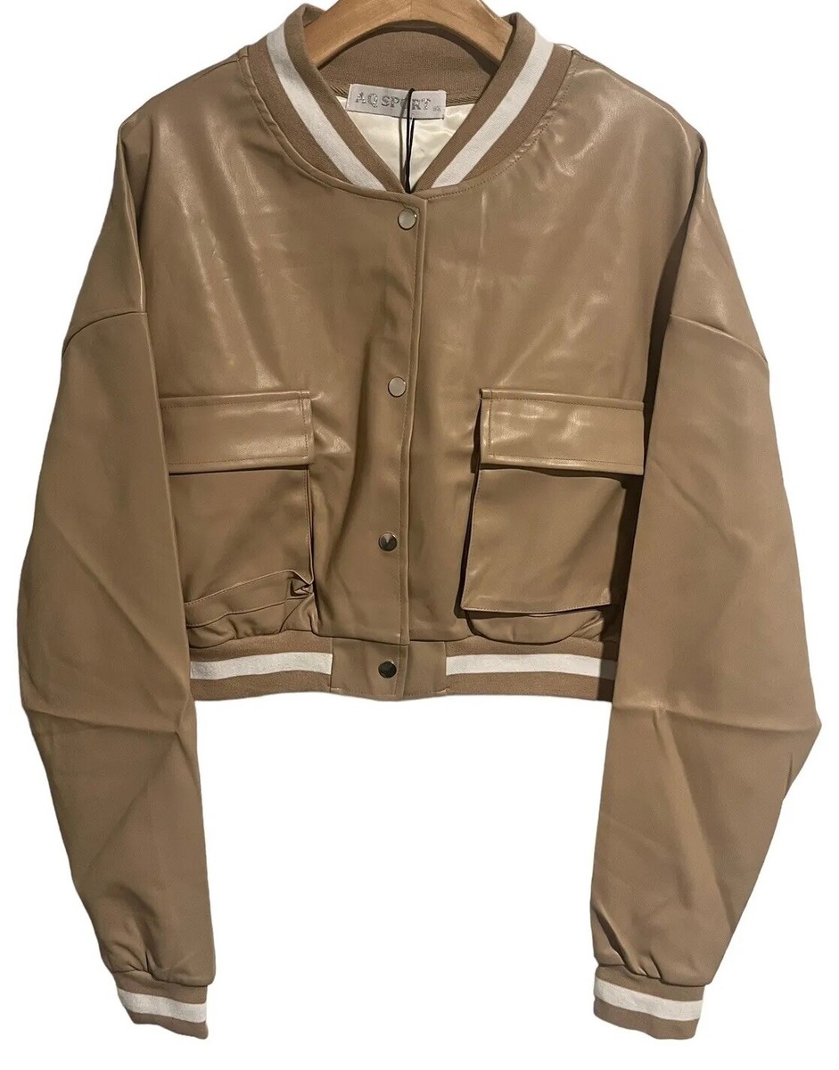 AQ Sport Varsity Jacket Womens 1X Cropped Faux Leather Plus Size Baseball  NEW