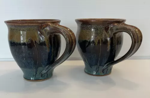 Art Pottery Mug Set Of 2 Signed Blue Brown Drip Glazed Coffee Tea