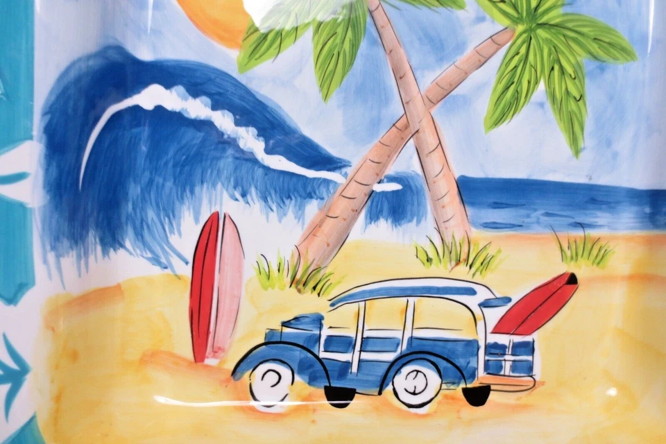 LOW PRICE! 11" HAUSENWARE "SURFS UP" SQUARE CERAMIC HAND PAINTED PORCELAIN TRAY - Image 2 of 4