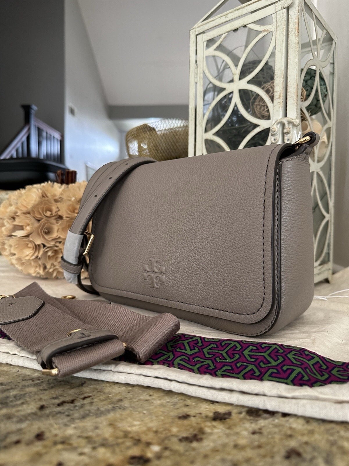 New Tory Burch Thea Web Flap Crossbody Double Strap In Gray