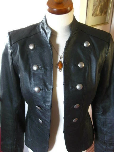 CHAQUETA MILITAR DE CUERO NEXT 12 10 Botones Negro Plata Caballería Steampunk Real Foto 4 de 4