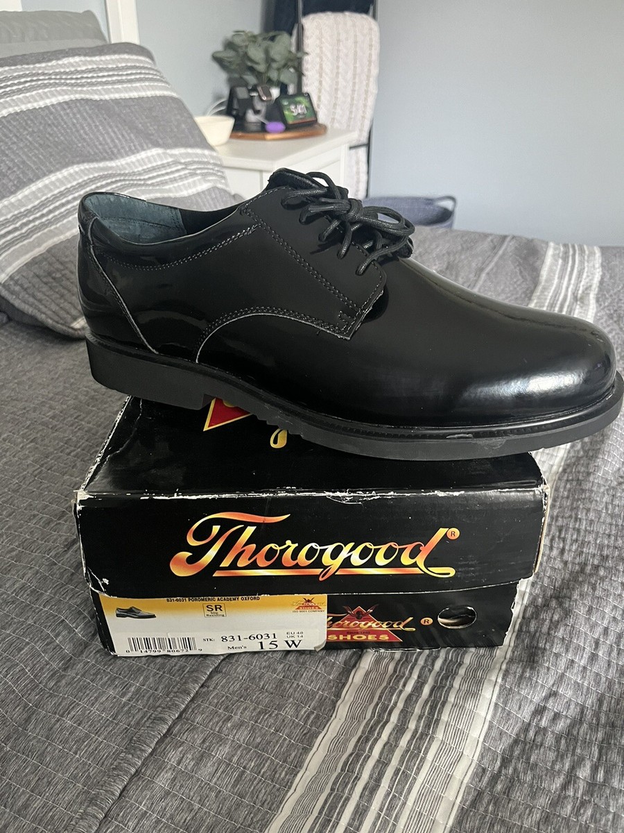 N Men's New Thorogood Shoes,Poromeric Academy Oxford, Black Patent