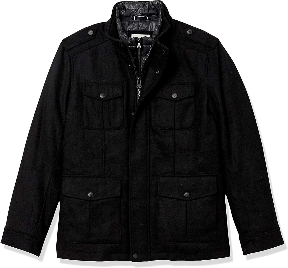 Dockers BLACK Men's Military Wool Blend Bib Lined Dual Zipper Coat