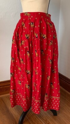 Vintage 80s 90s Chaus High Waisted RED Equestrian Rayon Horse Midi Skirt 30''W