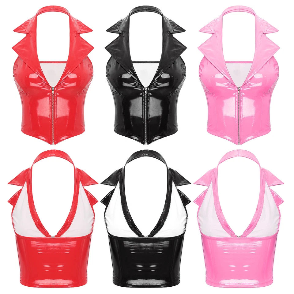 Womens Vest Front Zipper Waistcoat Cosplay Crop Tops Shiny Clubwear Lapel Sexy - Image 2 of 4