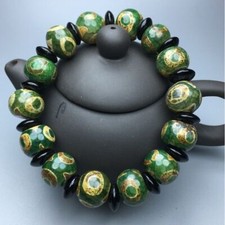 Tibetan Three Eye Dzi Bead Bracelet Green Agate Chalcedony Prayer Beads