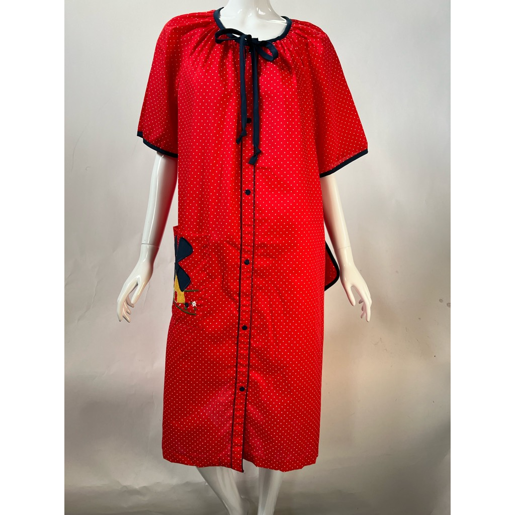 Vintage Smart Time Womens House Dress Red Midi Pocket Tie Neck + Potholder  L New