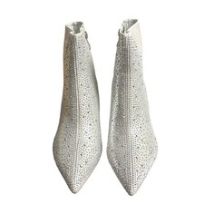 Rhinestone Studded Silver Ankle Boots Pointed Toe Block Heel Size 8