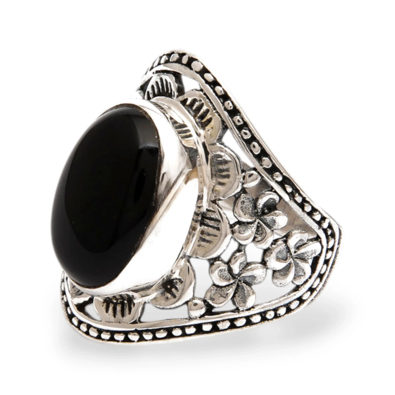 Onyx flower ring, 'Frangipani Mystery' image 1