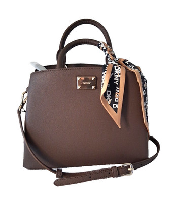  *NWT* DKNY Paige Medium Satchel MSRP $228 Crossbody Purse w/Scarf Handles Brown