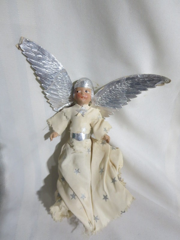 Antique Composition Angel Christmas Tree Topper Silver Wings Fabric Dress