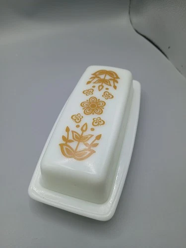 Vintage Pyrex Butter Dish Butterfly Gold White Milk Glass Floral Print MCM 7X3.5
