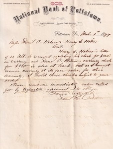 Original 1877 LETTER LETTERHEAD NATIONAL BANK of POTTSTOWN Pennsylvania Hitner