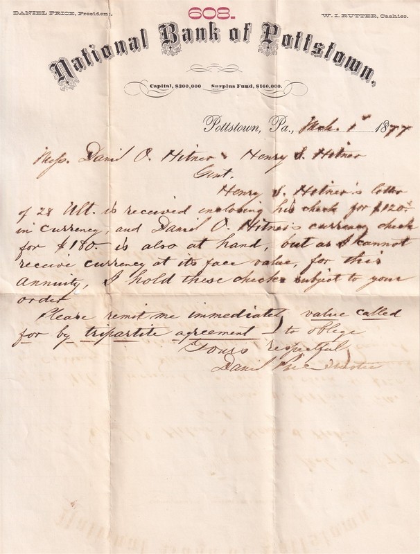 Original 1877 LETTER LETTERHEAD NATIONAL BANK of POTTSTOWN Pennsylvania Hitner
