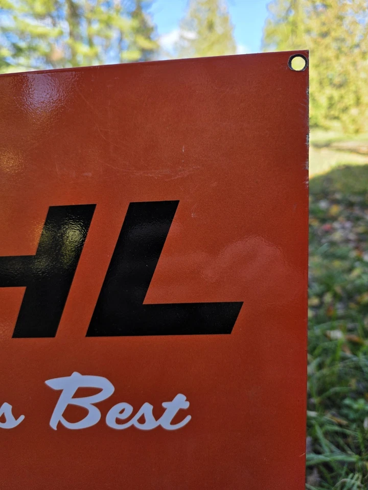 DE COLECCIÓN ENORME STIHL LAS MEJORES MOTOSIERRAS DEL MUNDO LETRERO DE PORCELANA 24"X 18" Foto 4 de 4