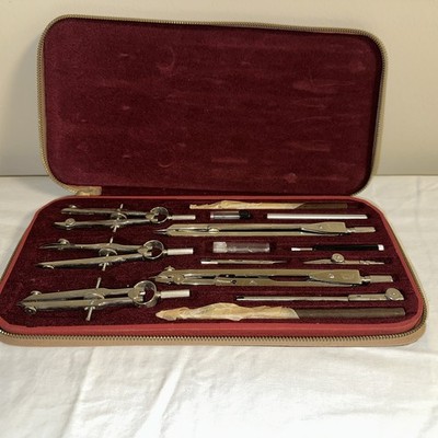 Vintage Compass Drafting Instrument Set, Zippered Case-Engineering Drawing Tools