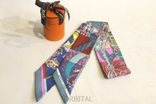 HERMES Twilly Cavalleria d Etriers Scarf Silk Green Blue Ribbon France