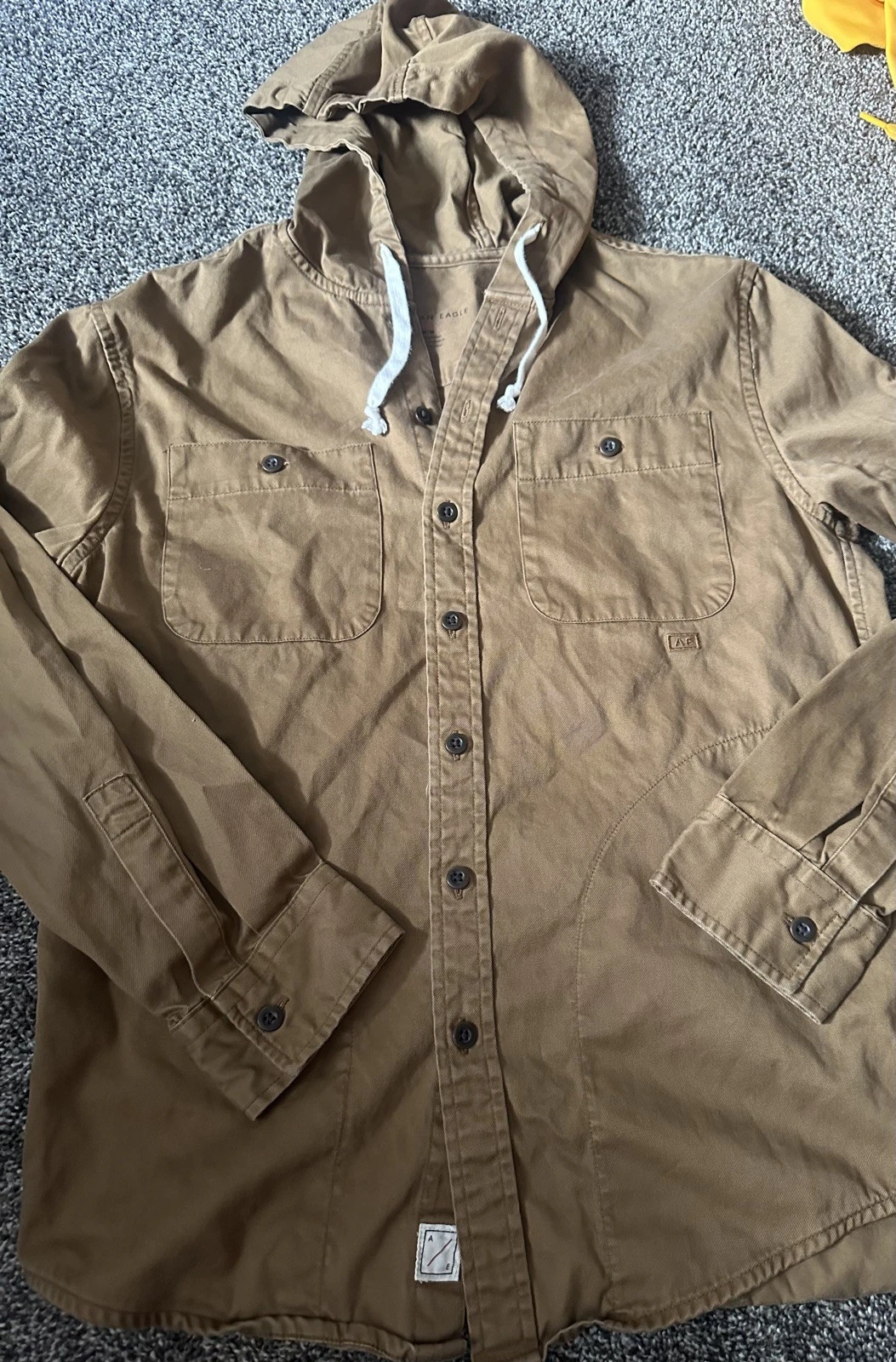 American Eagle Men’s Shirt Jacket Shacket Hooded Khaki Brown Button-Up Pockets M