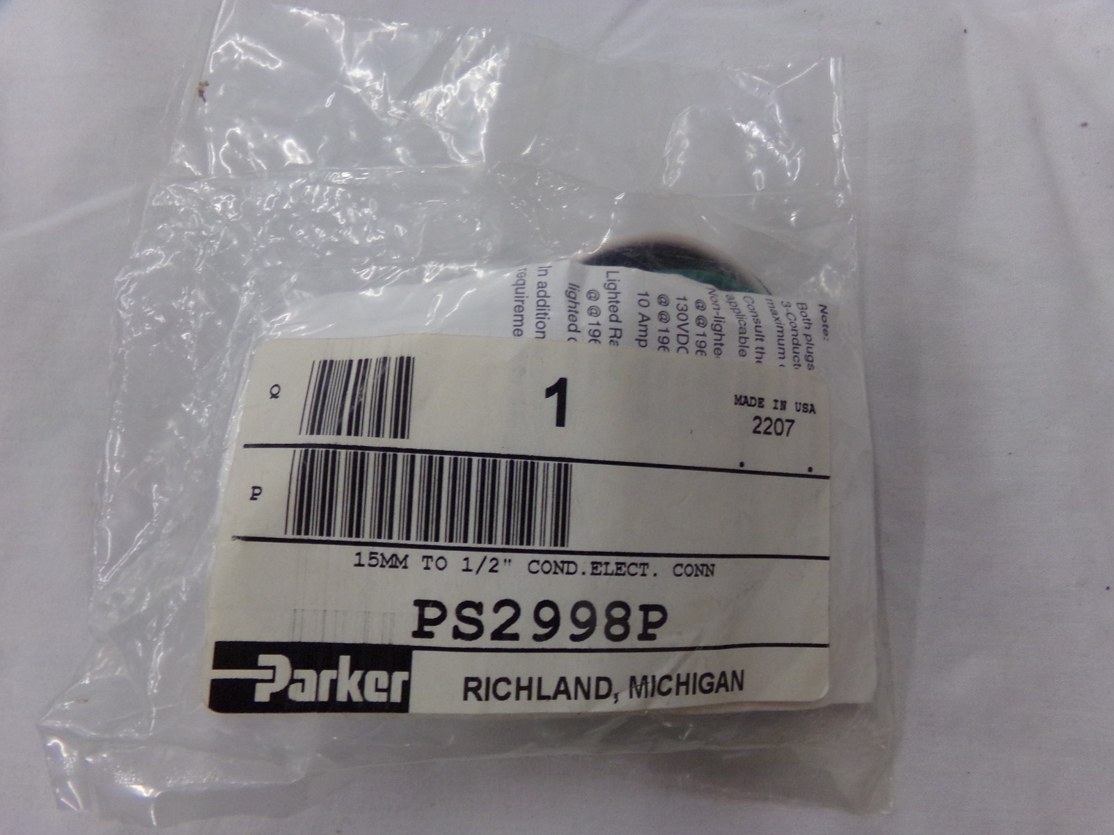 Parker PS2998P Electrical Connection 15mm to 1/2'' ~ NEW in Package